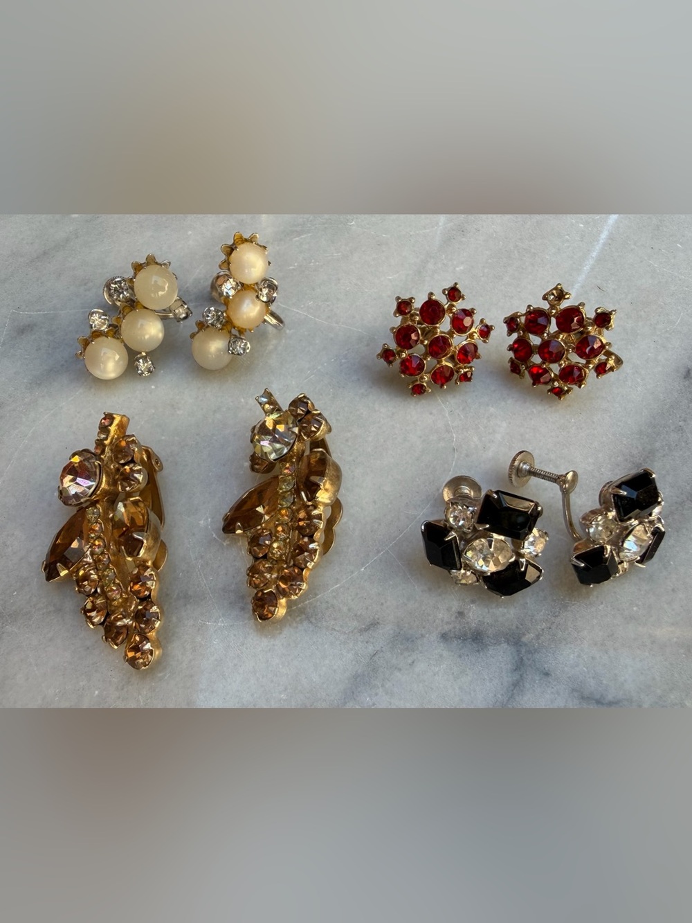 Vintage 4Pr Costume Earring Lot 2 Signed Coro Rhinestone Clip On Screw Back